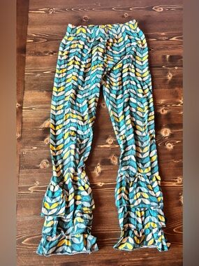 Jelly The Pug Teal, Yellow & White Leaf Ruffle Pants